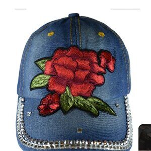 Women Denim Hat Cap - Rhinestone Crystals - Embroidered Rose Petals - Flowers